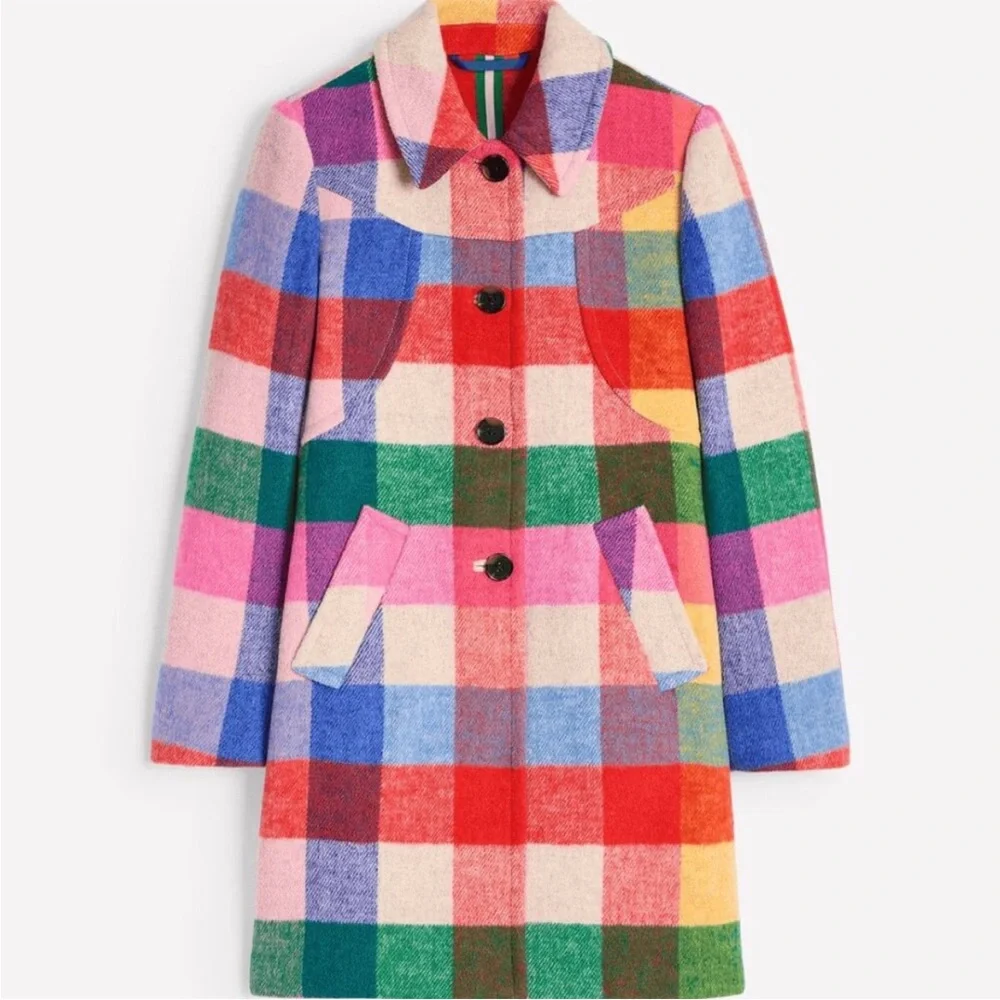 Boden Lincoln wool check coat multi color rainbow checkered coat jacket NWOT - Picture 1 of 11